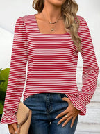 Sarah Express Women's Striped Long Sleeve T-Shirt with Square Neckline