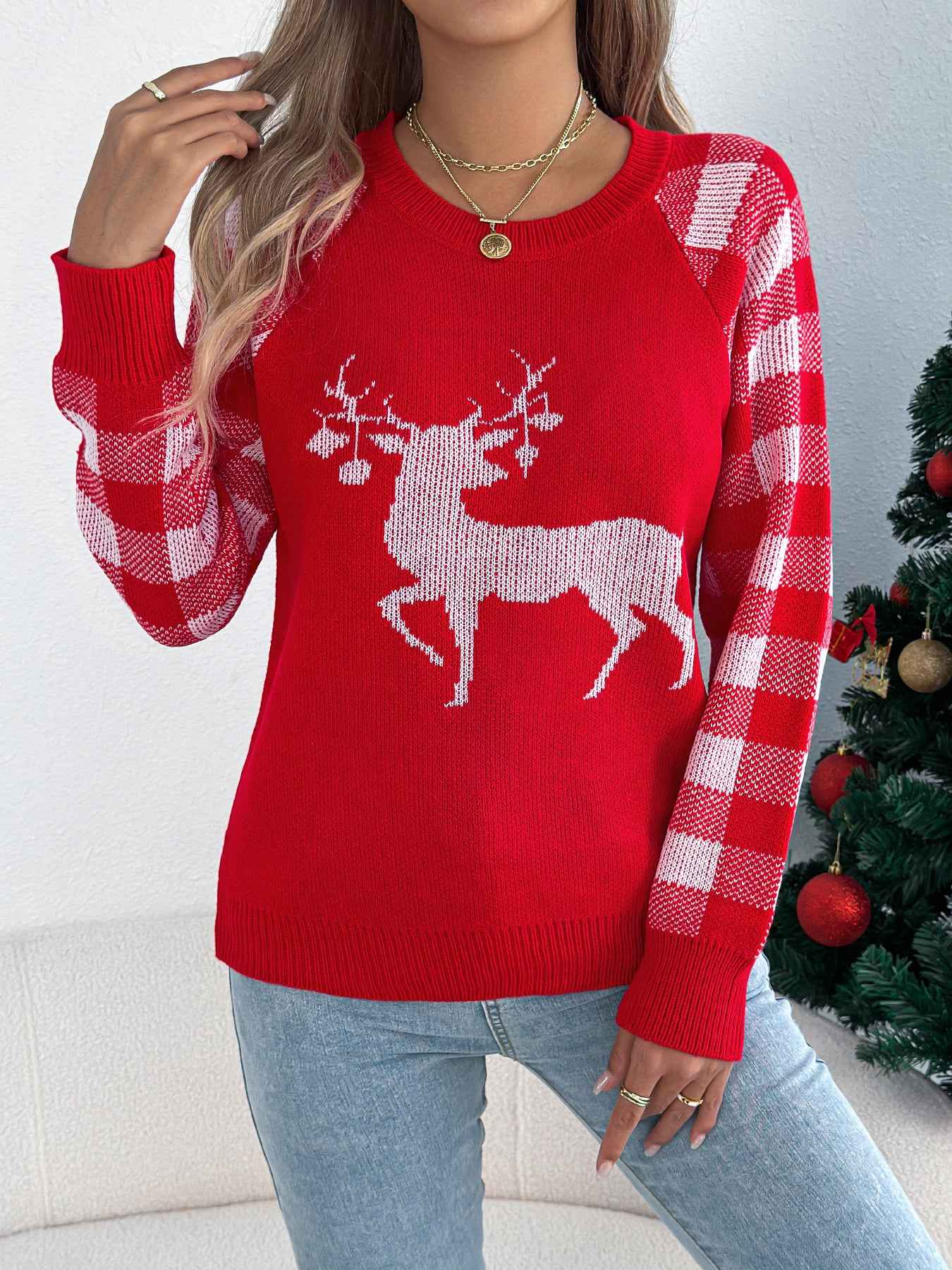 Sarah Express Women's Plaid Deer Pullover Sweater - Festive Christmas Knitwear