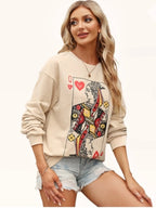 Sarah Express Women's Queen of Hearts Playing Card Graphic Round Neck Sweatshirt