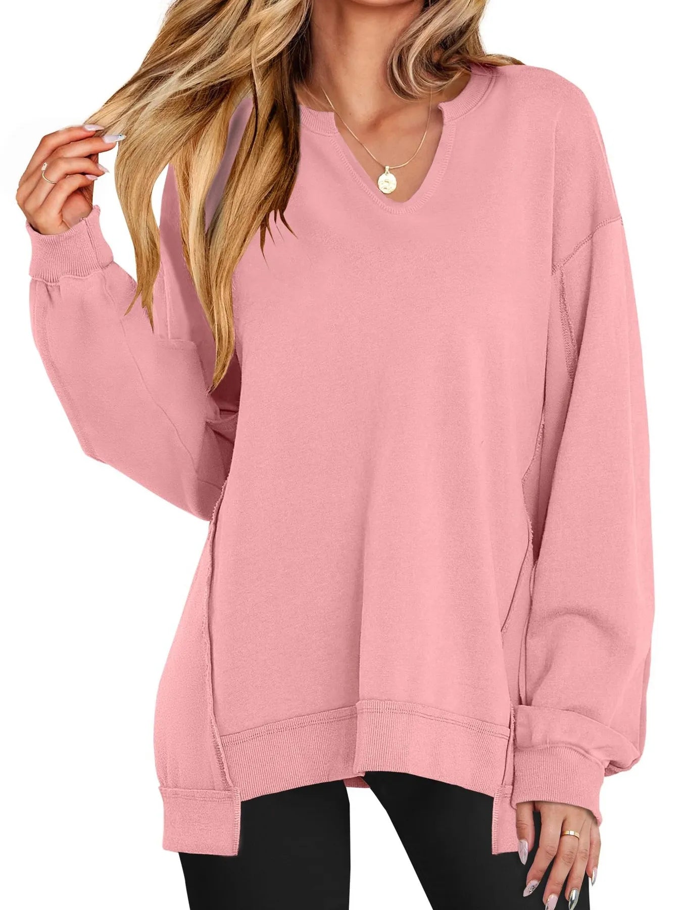 Sarah Express Women's Notched Long Sleeve Oversized Sweatshirt Pink