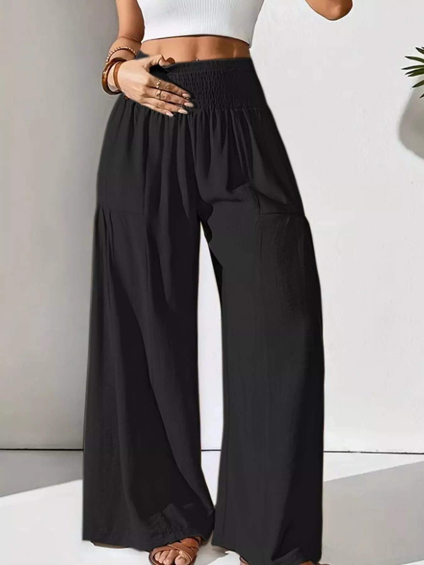 Sarah Express Women's Smocked Waist Wide Leg Pants Black