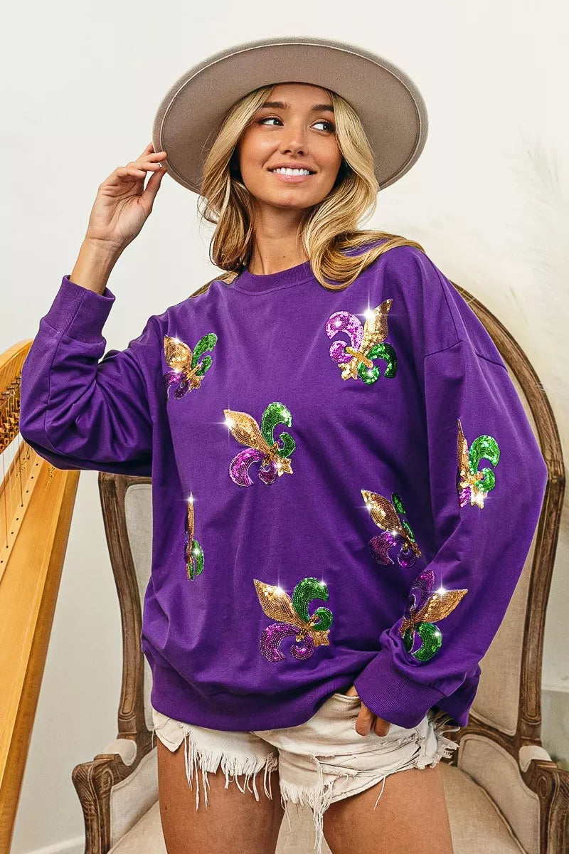 Sarah Express Women's Fleur De Lis Sequin Patches Mardi Gras Sweatshirt