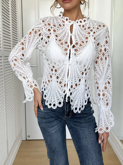 Sarah Express Women's Lace Button Up Long Sleeve Shirt - Elegant Openwork Blouse Gray white