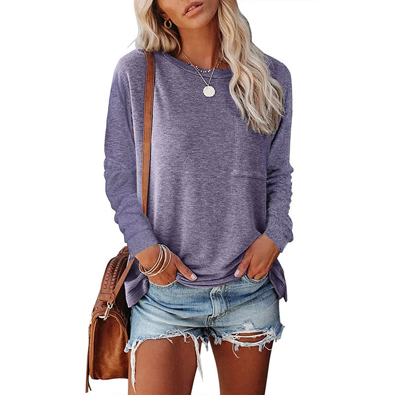 Sarah Express Women's Long Sleeve Pocket T-Shirt Split Hem Casual Cotton Blend Top