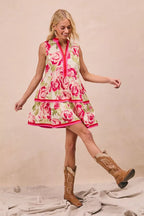 Trendsi BiBi Floral Woven Contrast Edge Tiered Ruffle Mini Dress