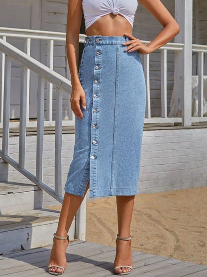 Sarah Express Women's Button-Front Denim Skirt with Side Slit