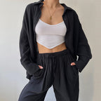 Sarah Express Two Piece Matching Set Lapel Shirt Trousers Suit Women's Long Sleeve Casual Workwear