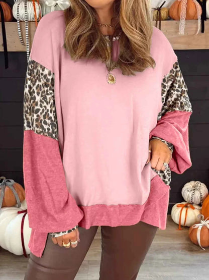 Sarah Express Women's Color Block Leopard Print Sweatshirt - Trendy Round Neck Pullover Blush Pink