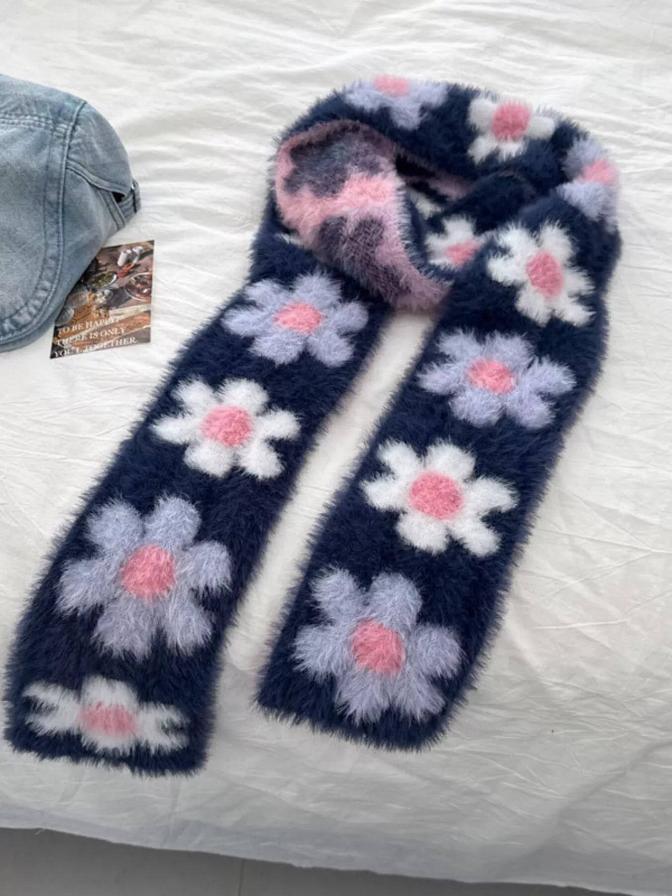 Sarah Express Women's Floral Fuzzy Knit Scarf - Soft Faux Mink Winter Scarf