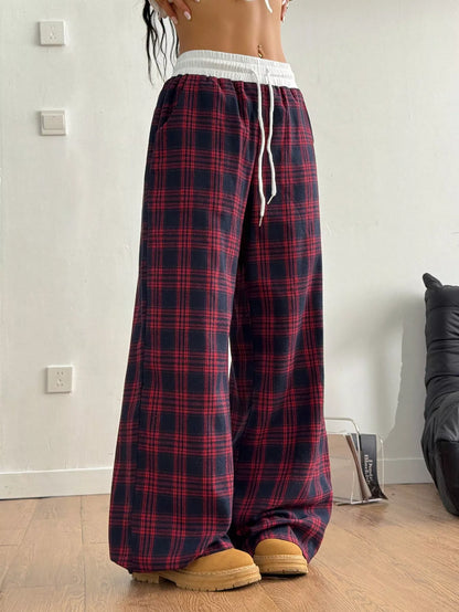 Sarah Express Women's Plaid Wide-Leg Pants with Elastic Waistband