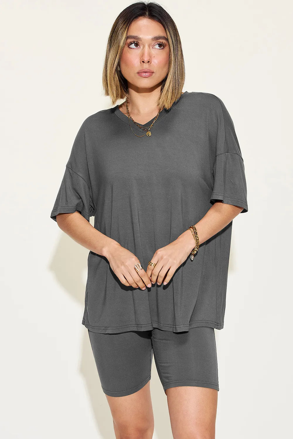Women's Plus Size V-Neck T-Shirt & Shorts Lounge Set | Fast Shipping
