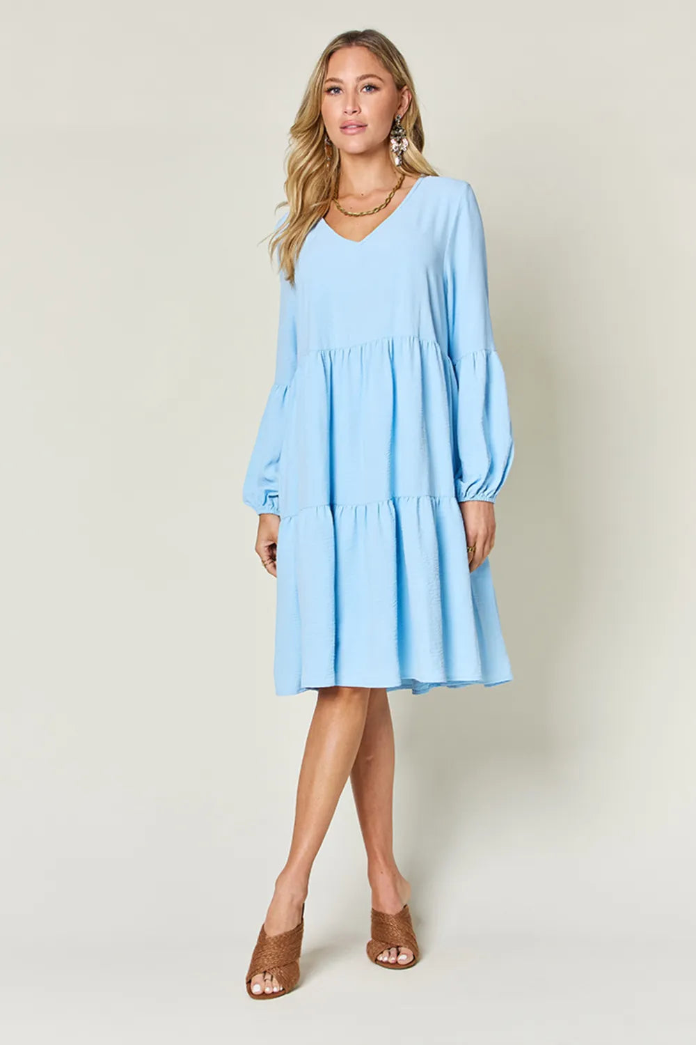 Sarah Express Women’s Plus Size V-Neck Balloon Sleeve Tiered Dress
