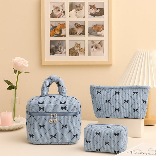 Sarah Express Corduroy Bow-Knot Makeup Bag - Large Capacity Cosmetic Organizer with Zipper