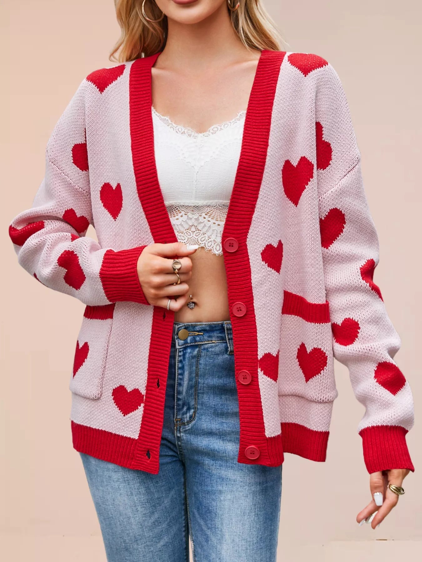 Sarah Express Women's Heart Pattern Button-Up Knit Cardigan Pink