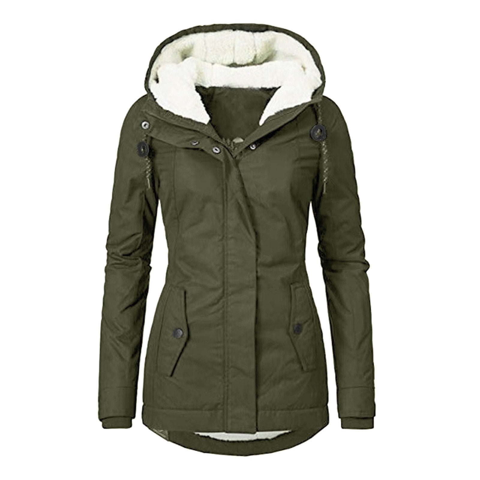 Sarah Express Women's Winter Hooded Fleece Jacket - Warm Buckle Zip-Up Coat with Pockets Army Green Hat String Clip