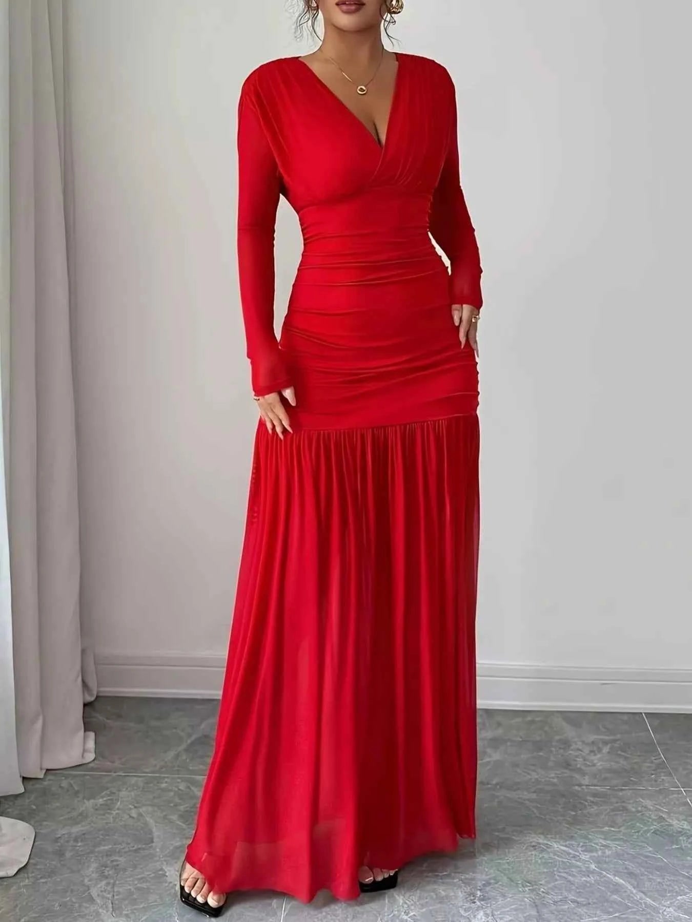 Sarah Express Women's Ruched Surplice Long Sleeve Maxi Dress - Elegant Tie Detail