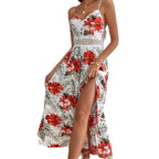 Sarah Express Women's Printed V Neck Midi Dress Lace Detail High Slit Sleeveless