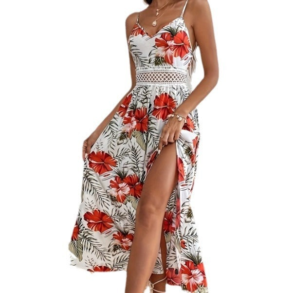 Sarah Express Women's Printed V Neck Midi Dress Lace Detail High Slit Sleeveless