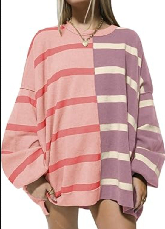 Sarah Express Women's Striped Knit Sweater Long Sleeve Pullover Loose Fit Acrylic