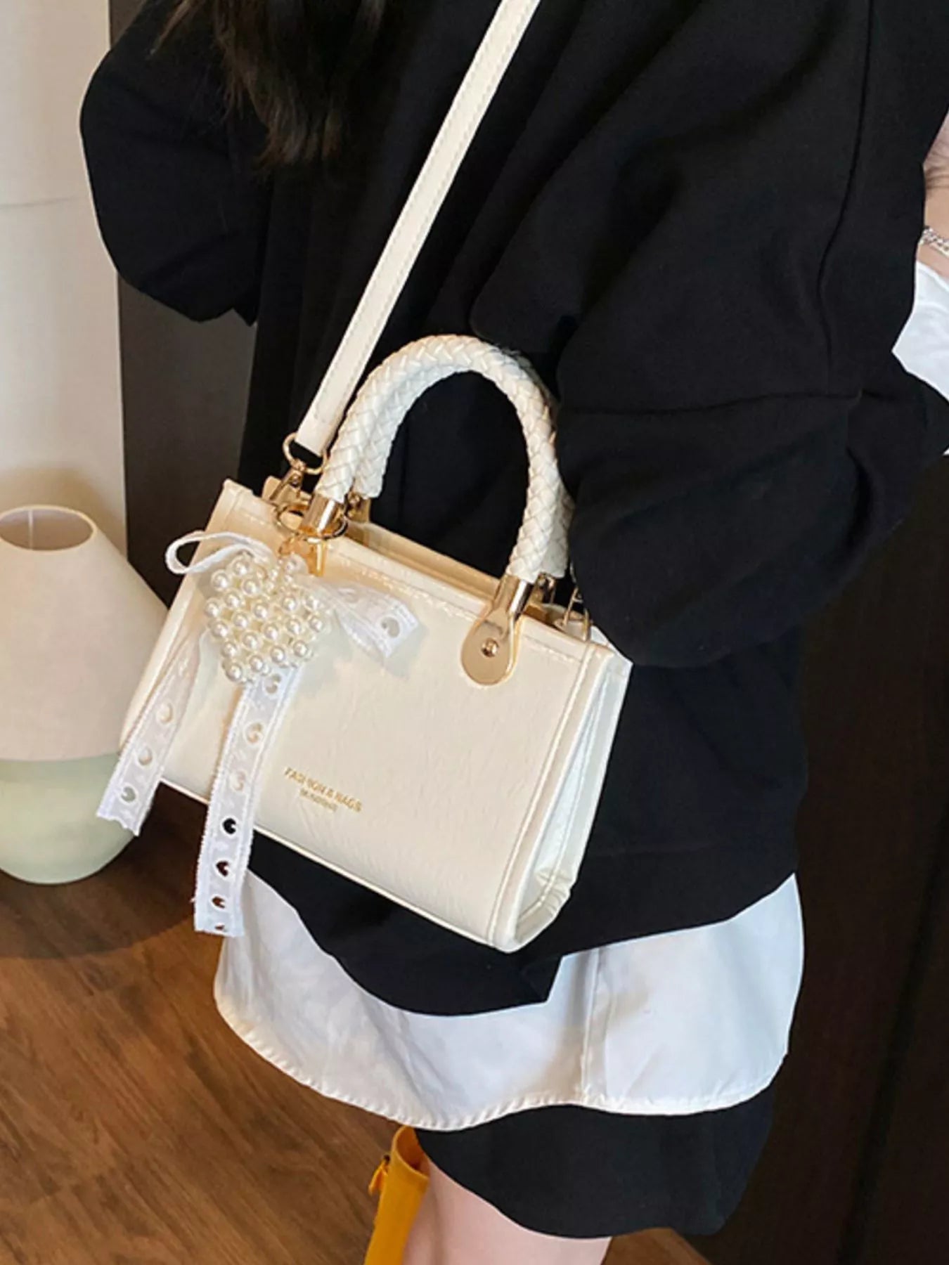 Sarah Express Women's Mini Crossbody Bag with Pearl Decor & Braided Handle