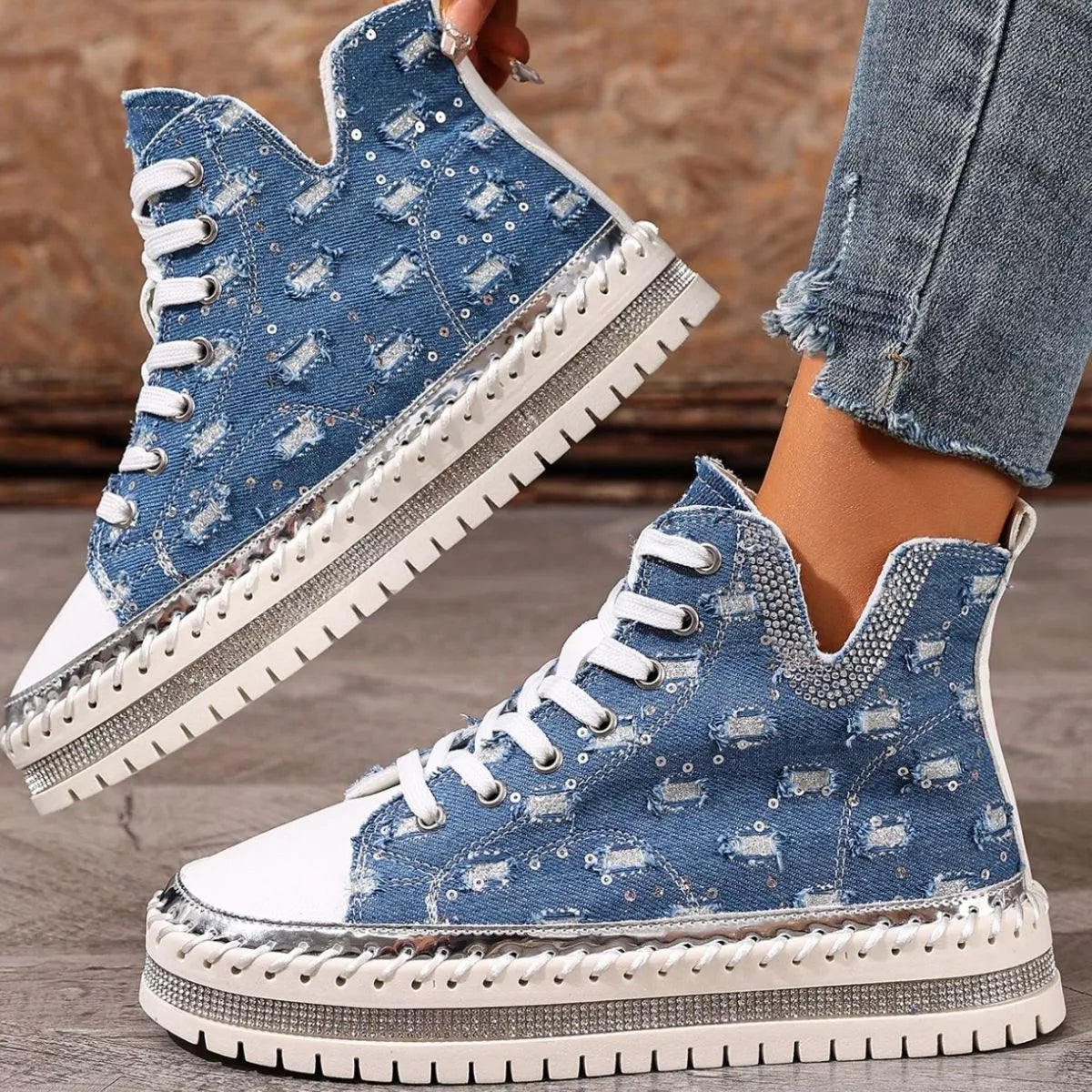 Sarah Express Women's Rhinestone Platform Sneakers Lace Up Canvas Shoes