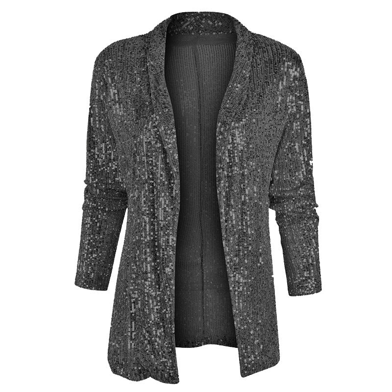 Women's Sequin Long Sleeve Blazer Jacket Polo Collar Mid-Length