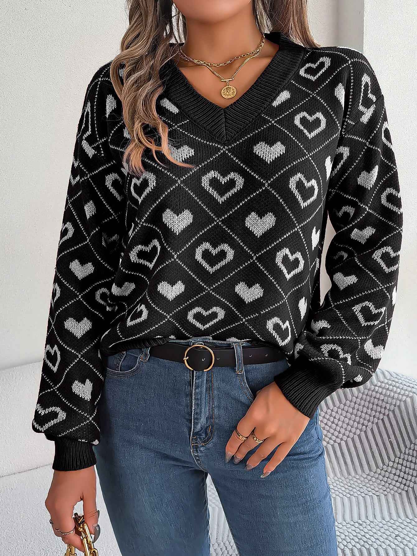 Sarah Express Women Sweet Color Block Heart Lantern Sleeve Pullover Sweater Black