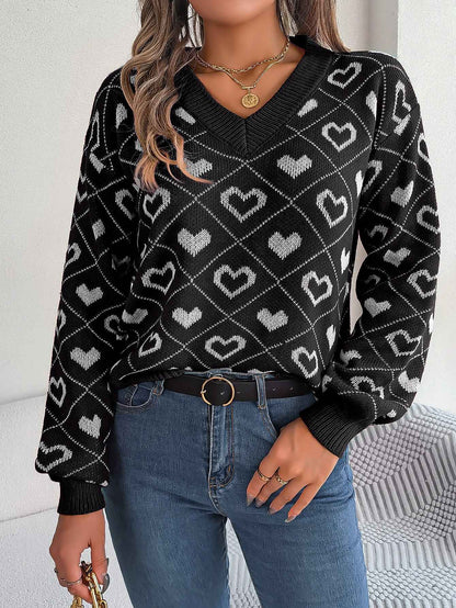 Sarah Express Women Sweet Color Block Heart Lantern Sleeve Pullover Sweater Black