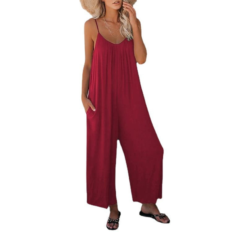 Women's Sleeveless Jumpsuit with Pockets - Casual Loose Fit Romper