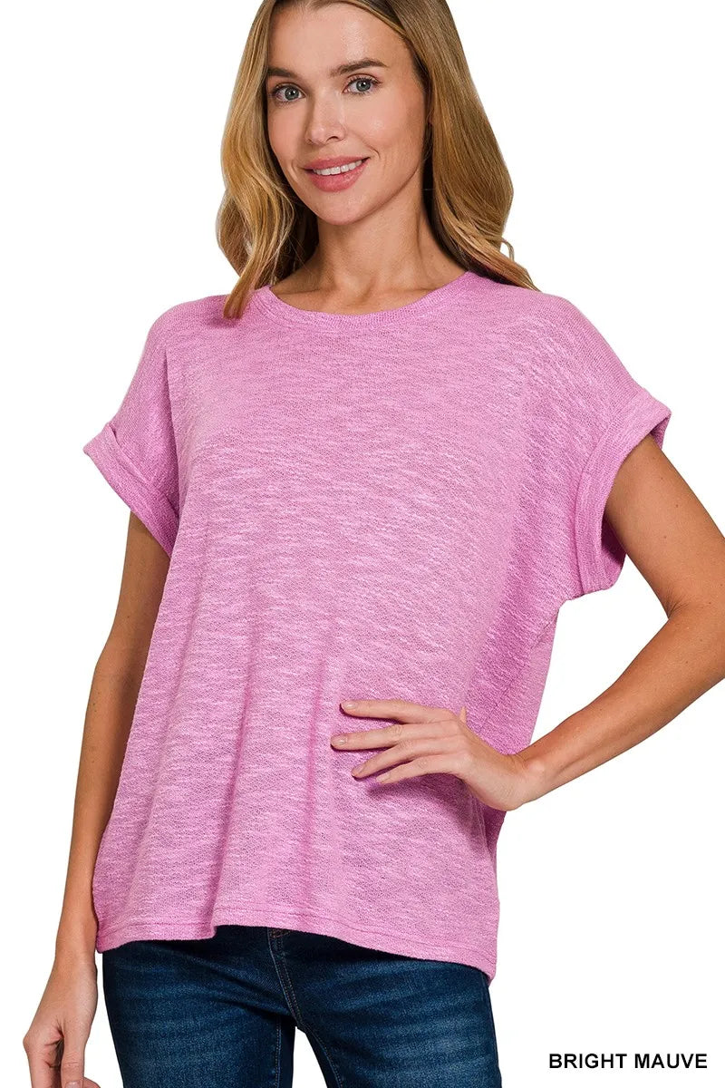 Sarah Express Women's Hacci Slub Rolled Up Sleeve Tee BRIGHT MAUVE