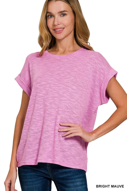 Sarah Express Women's Hacci Slub Rolled Up Sleeve Tee BRIGHT MAUVE