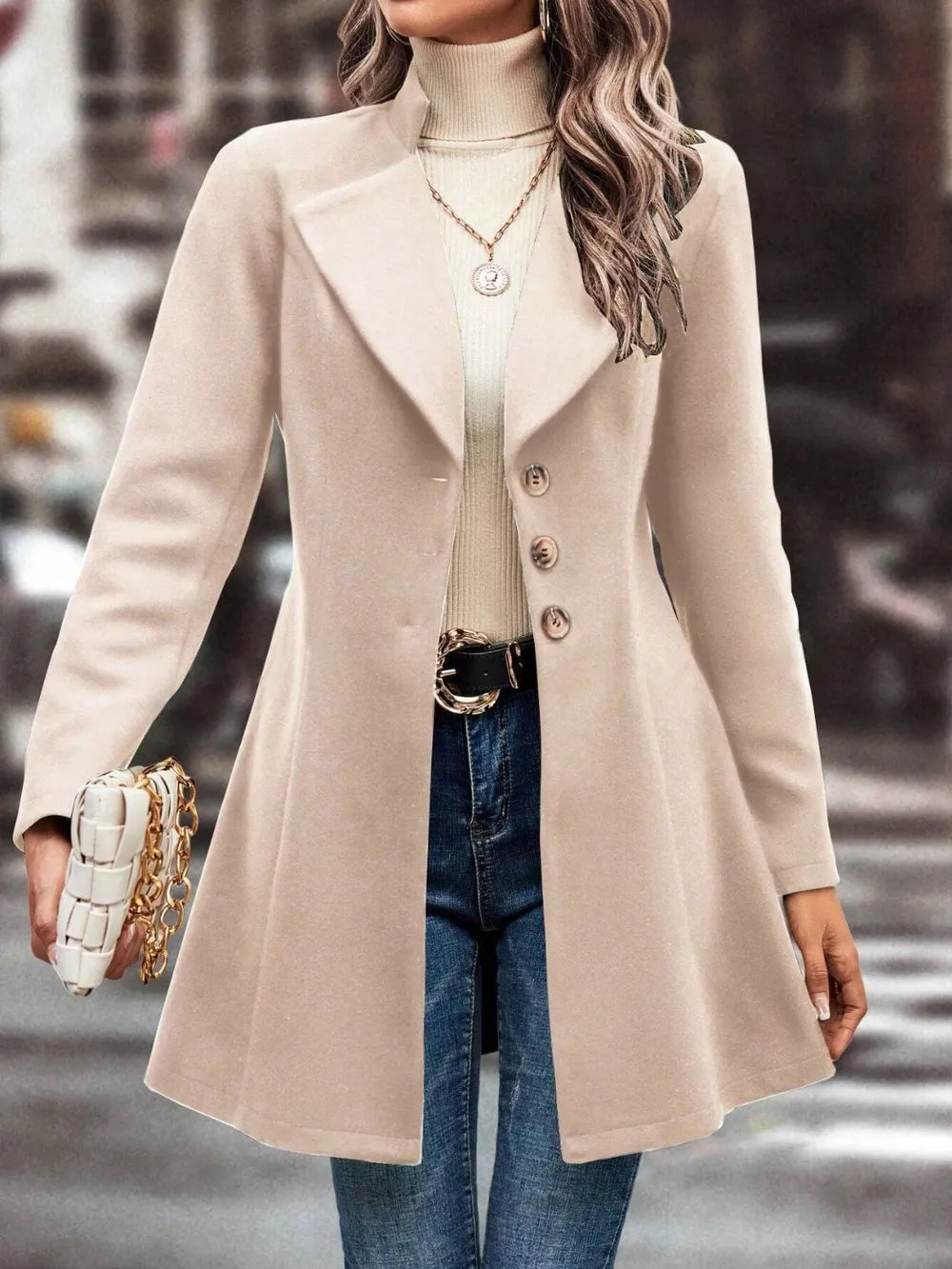 Sarah Express Women's Collared Neck Long Sleeve Longline Coat Dust Storm
