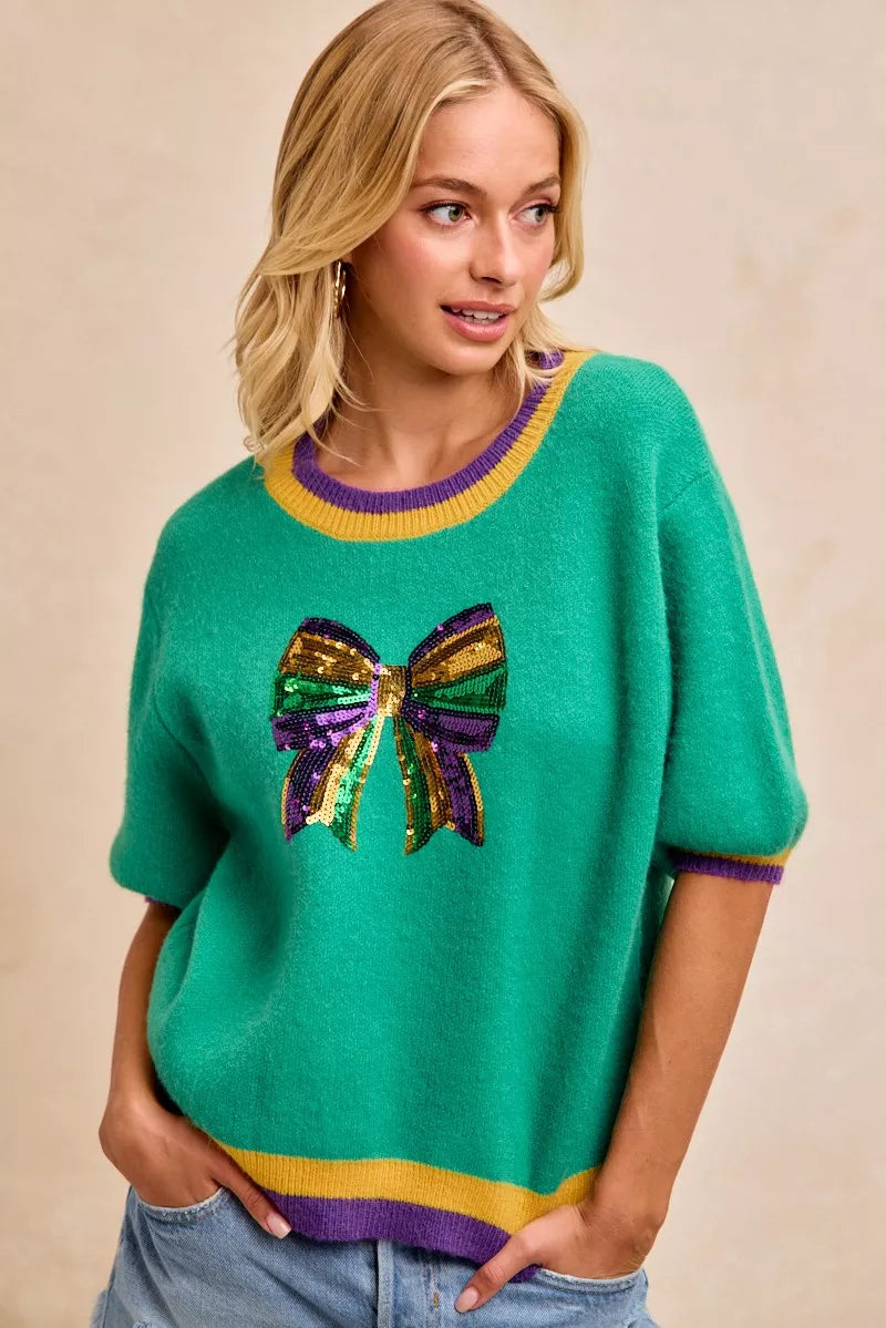Sarah Express Women's Mardi Gras Sequin Ribbon Patched Sweater