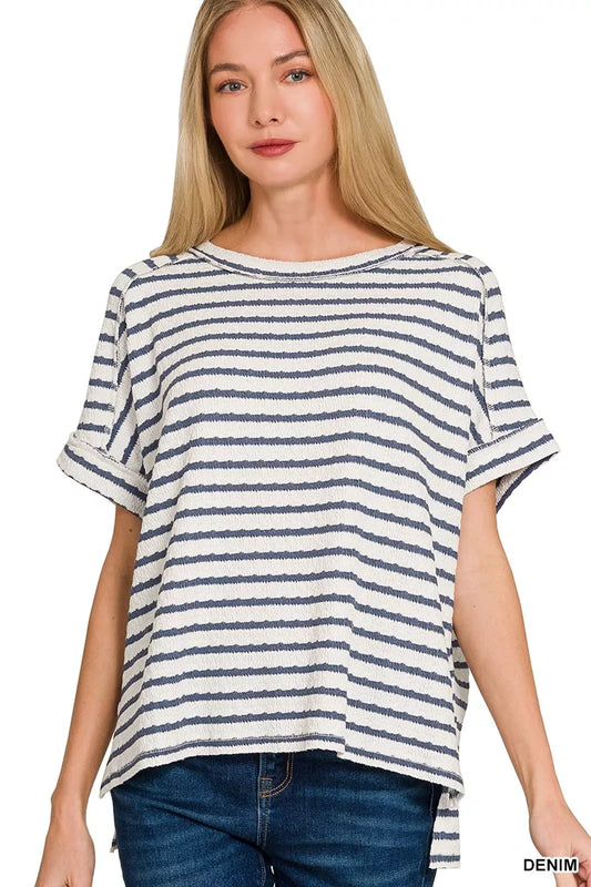 Sarah Express Women's Stripe Jacquard Round Neck Tee DENIM