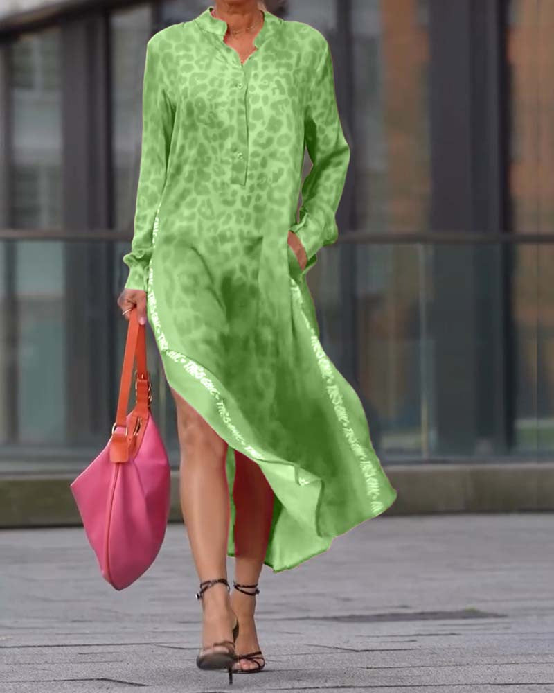 Sarah Express Women's Leopard Print V-Neck Long Sleeve Dress with Pockets Green