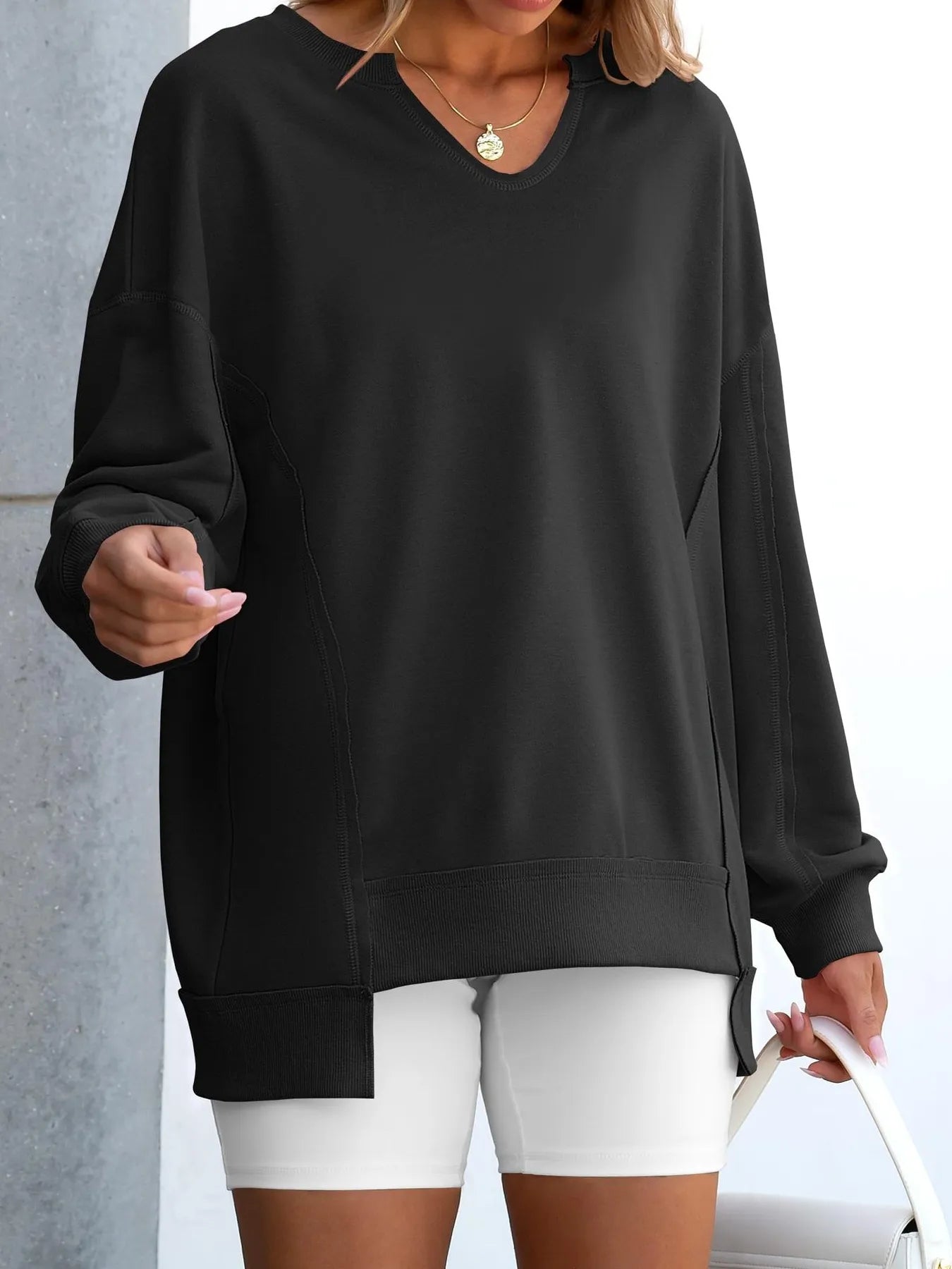 Sarah Express Women's Notched Long Sleeve Oversized Sweatshirt