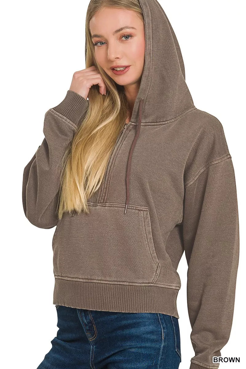 Sarah Express Women's Fleece Pigment Dye Half Zip Kangaroo Pocket Hoodie