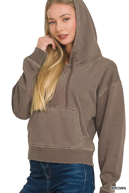 Sarah Express Women's Fleece Pigment Dye Half Zip Kangaroo Pocket Hoodie