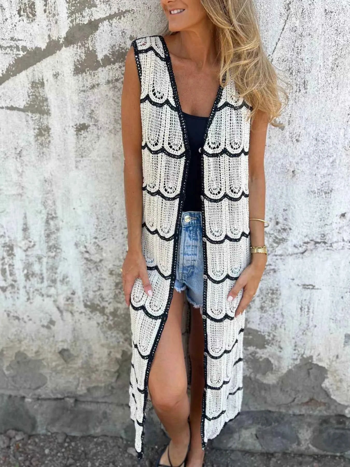 Sarah Express Women's Sleeveless Crochet Longline Cardigan - Lace Openwork Button Front