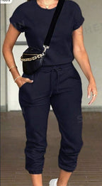 2pcs Women Solid Color Round Neck Short Sleeve Top And Drawstring Pocket Long Pants Casual Suit