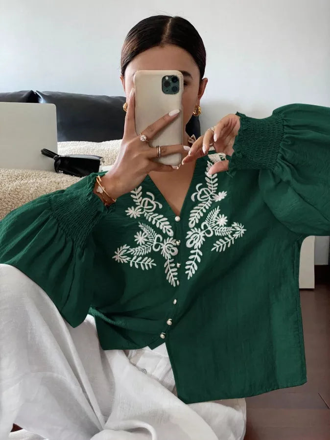 Sarah Express Women's Embroidered Notched Long Sleeve Blouse Dark Green