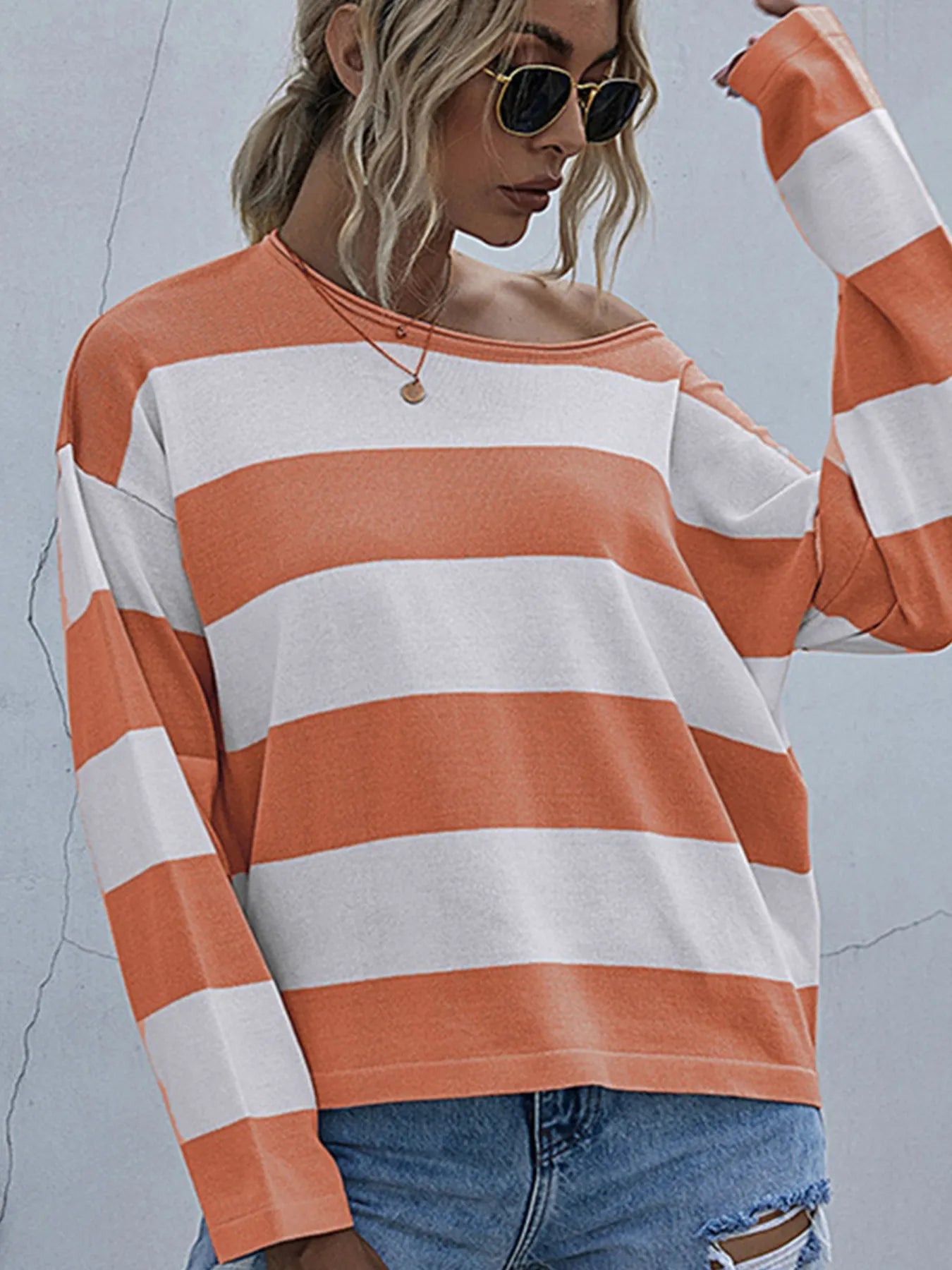 Sarah Express Women's Striped Casual Long Sleeve Knit Top Orange Red