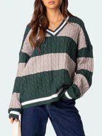 Sarah Express Women's Striped Cable Knit V-Neck Sweater - Oversized Fit