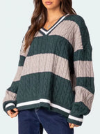 Sarah Express Women's Striped Cable Knit V-Neck Sweater - Oversized Fit