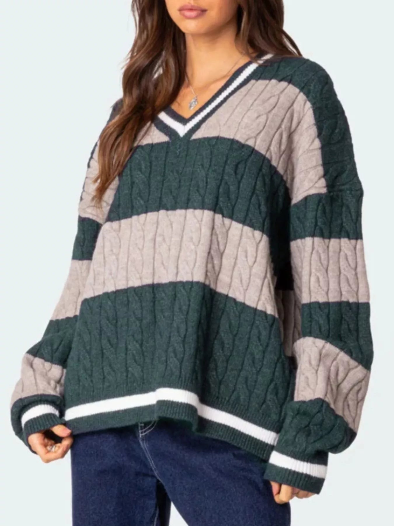 Sarah Express Women's Striped Cable Knit V-Neck Sweater - Oversized Fit