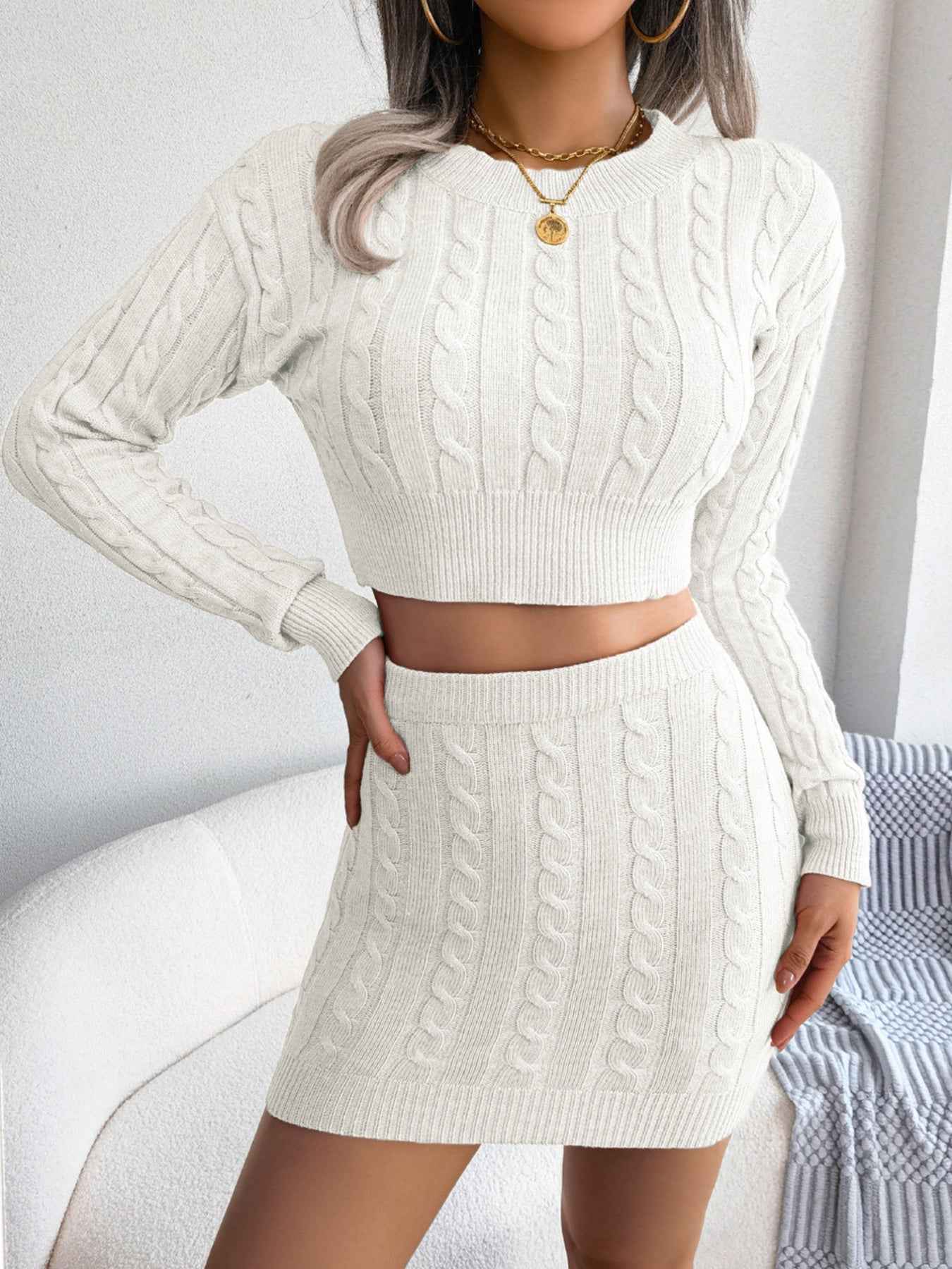 Sarah Express Women's Cable Knit Cropped Sweater and Bodycon Dress Set