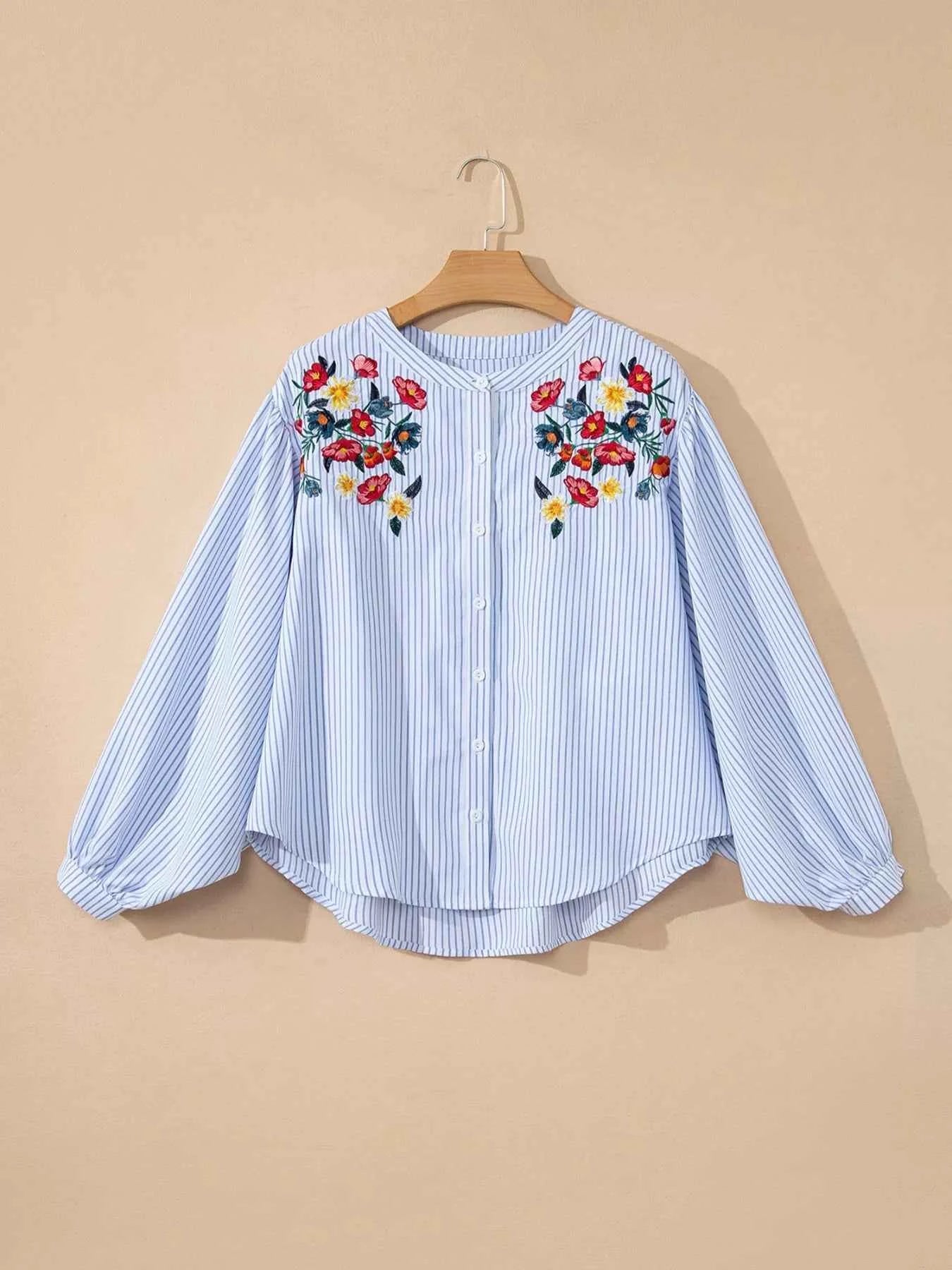 Sarah Express Women's Stripe Floral Embroidered Tunic Blouse - Billowy Sleeve Baggy Shirt