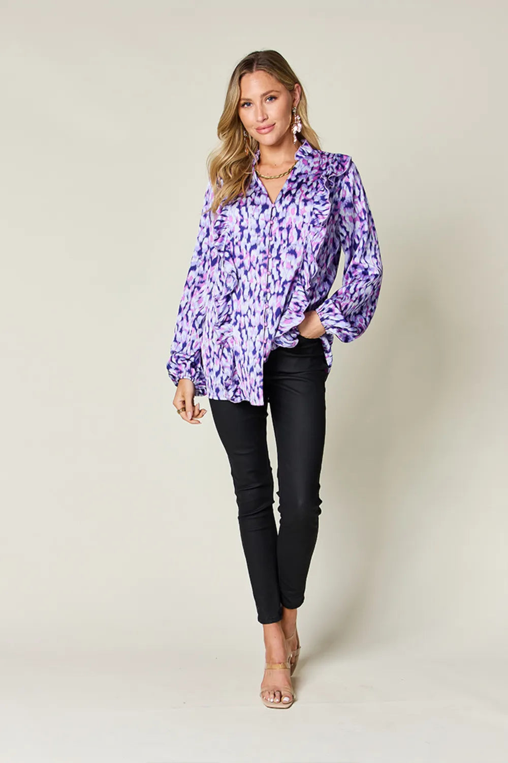 Sarah Express Women's Printed Ruffle Trim Balloon Sleeve Shirt - Buttoned Blouse Top