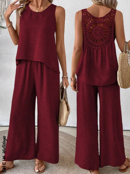 Sarah Express Solid Tank Top Wide Leg Pants Set 2 Piece Summer Vacation Polyester