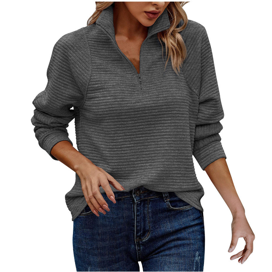 Sarah Express Women's Stand Collar Zipper Pullover Sweatshirt Striped Long Sleeve Top Spring Fall Casual